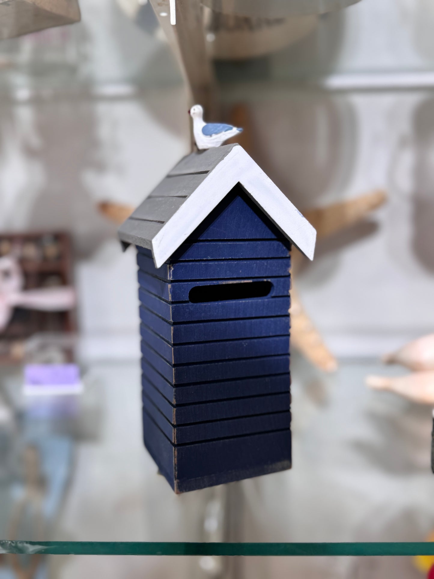 Skinny Beach Hut money box with novelty seagull