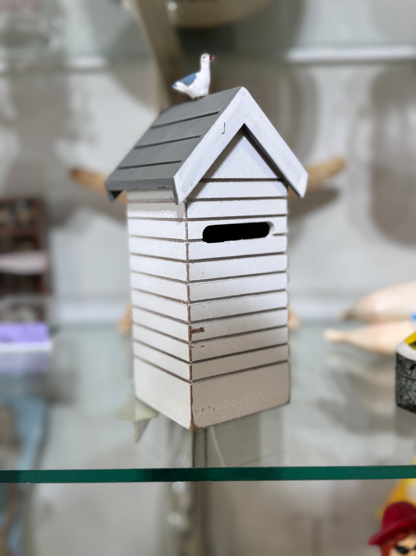 Skinny Beach Hut money box with novelty seagull